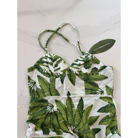 NEW! Farm Rio Palm Fan Midi Dress XL White Green Tropical Cotton Beaded Straps - Picture 4 of 12